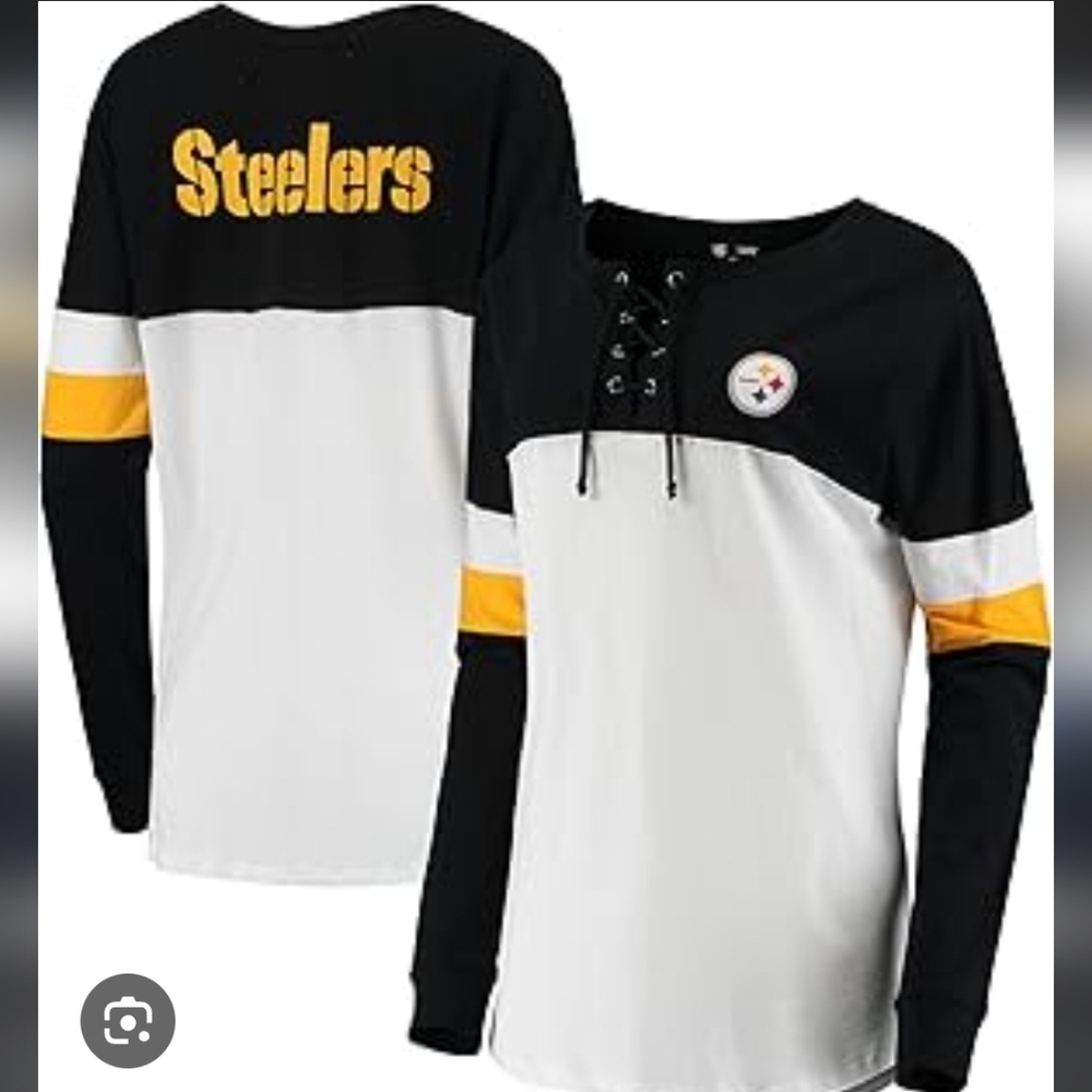 5/25$ Women's Black, White, and Yellow Lace-Up Long Sleeve Top- Steelers!!!!!